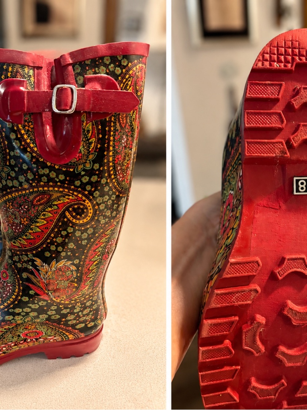 Black Paisley Rain Boots with Red Trim